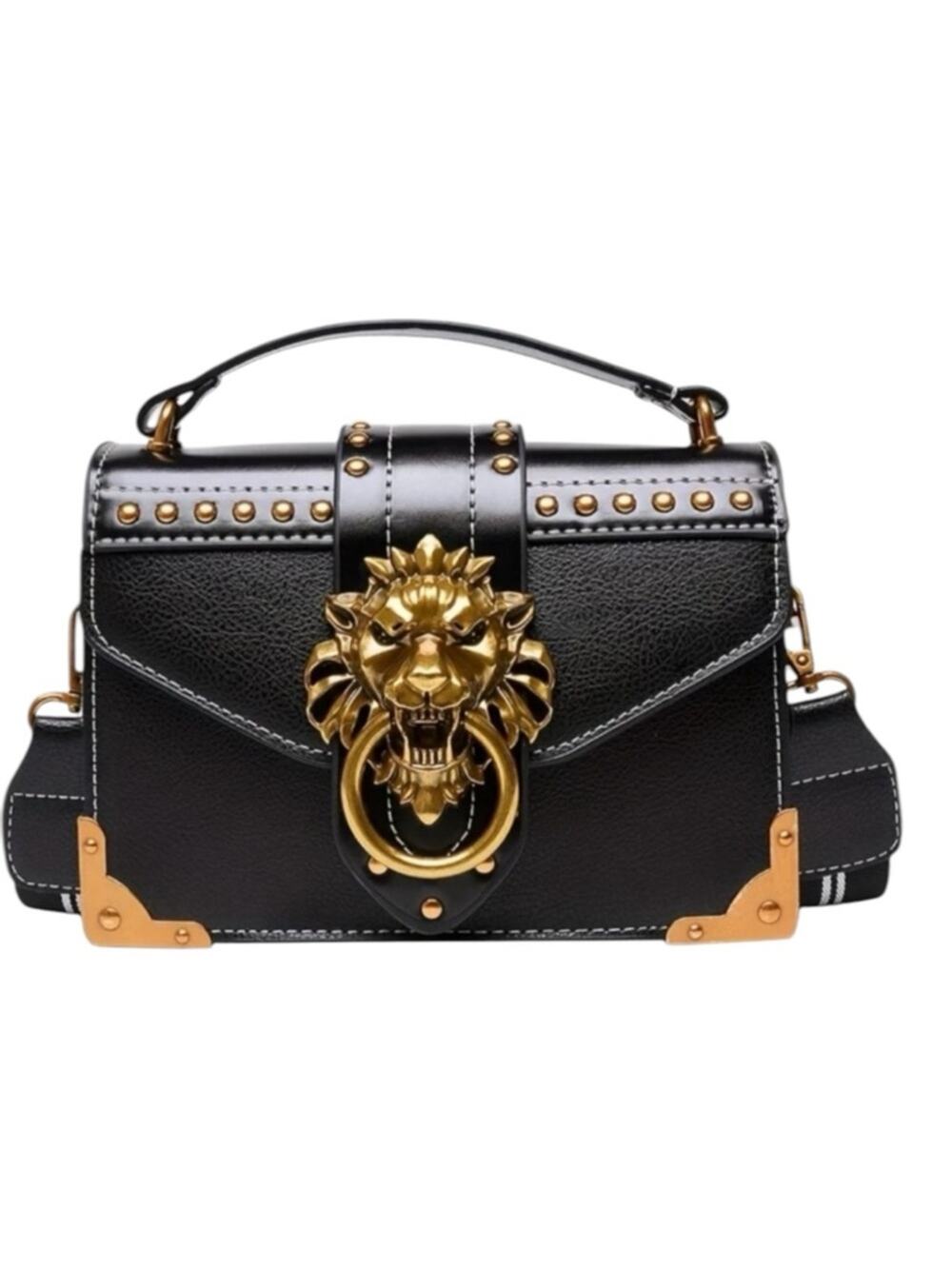 Black Lion Head Studded Crossbody Bag
